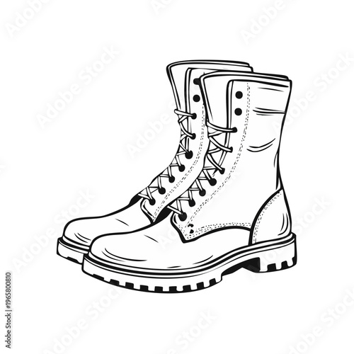Black and White Line Art Illustration of Lace Up Combat Boots