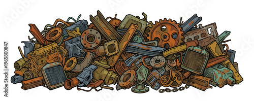 Scrap metal pile scrapyard rusty engine parts vintage sketch hand drawn