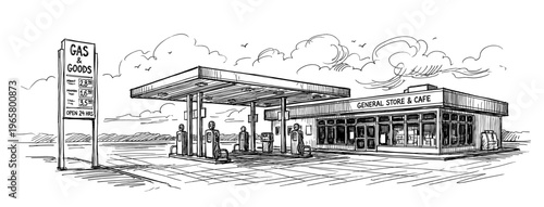 Gas station convenience stor vintage sketch hand drawn