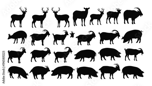 A collection of various wild mammals including deer goats pigs and a ram depicted in black silhouettes high quality
