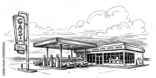 Vintage service station retro gas pump and classic car sketch