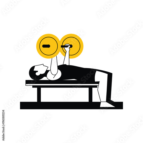 Man performing bench press weightlifting exercise in gym minimalist vector illustration
