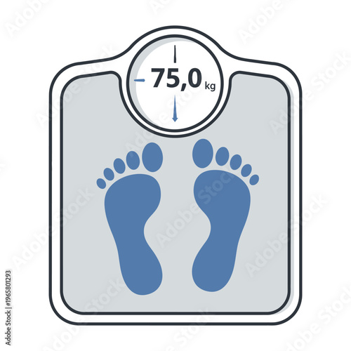 Bathroom scale illustration showing 75 kg weight with blue footprints on a grey platform for health and fitness monitoring