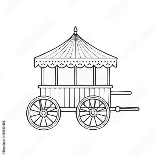 Hand-drawn black and white illustration of a vintage wheeled cart with a striped canopy