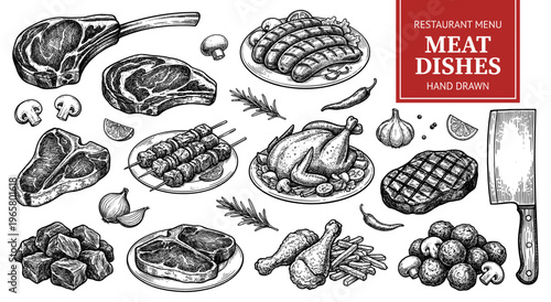 Meat dish set steak chicken sausage kebab vintage menu