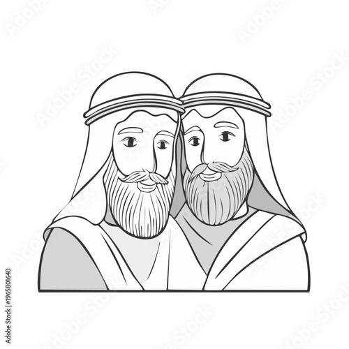 Two men with beards and head coverings depicted in a simple line art style representing a historical or religious theme