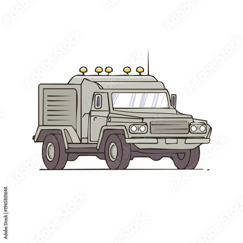 Stylized military transport vehicle with rugged tires and rooftop lights
