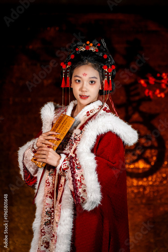 The image of a woman in ancient costume holding bamboo slips