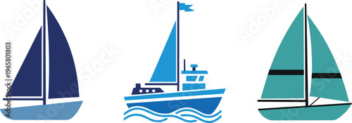 Sailboat and Ship Collection with Different Vessels and Sails Vector Illustration Set