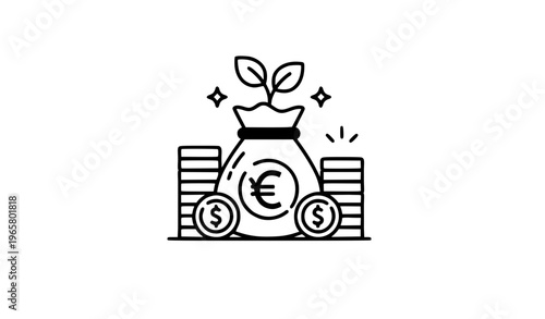 Income Increase ROI Icon with Money Bag Gold Coins and Growing Plant Flat Filled Outline Vector 72x72