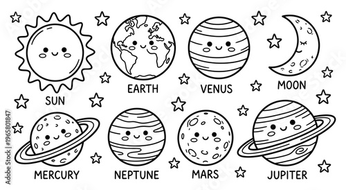 Solar system planet coloring page with cute sun and moon