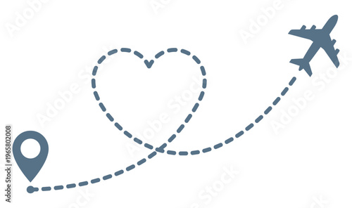 Airplane flight path heart shape route with destination pin