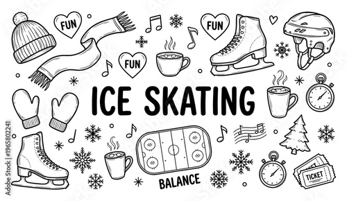 Ice skating equipment doodle set with skate helmet and rink
