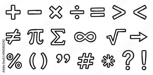 Math symbol doodle icon set with pi sigma and infinity