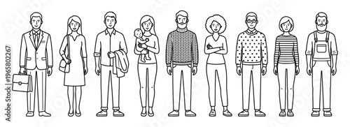 Minimalist people line character set with diverse man and woman