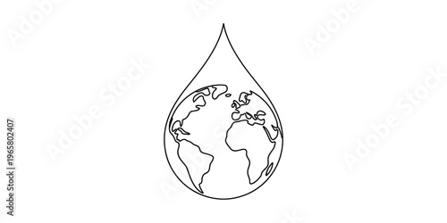 A black and white line art illustration representing the earth inside a single water droplet shape. Vector, illustration
