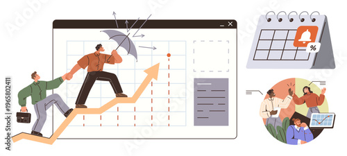 Financial planning, goal setting, teamwork, risk management, business growth, project deadlines. People climbing an arrow graph, protecting growth from risk. Business growth and risk management