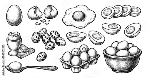 Egg breakfast set with quail eggs carton and bowl vintage engraving
