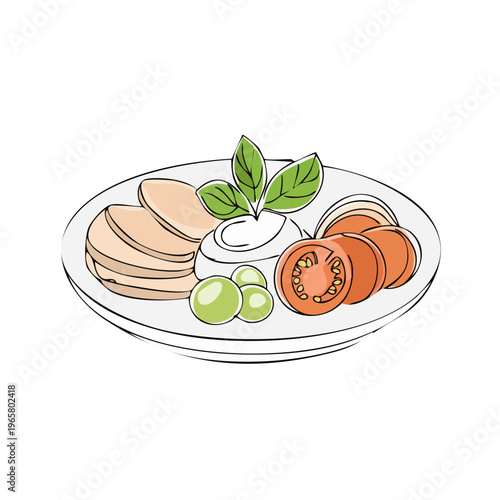 Artistic illustration of a fresh caprese salad with basil mozzarella tomatoes and olives
