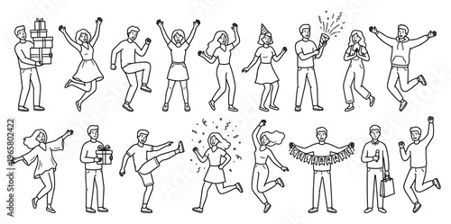 Party people celebration line set with dancing jumping and gift box