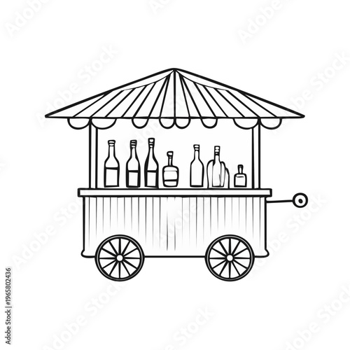 Outline illustration of a wheeled cart with a canopy and bottles on display