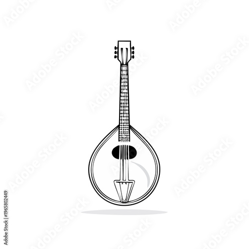 Traditional stringed instrument with pear shaped body and fretted neck