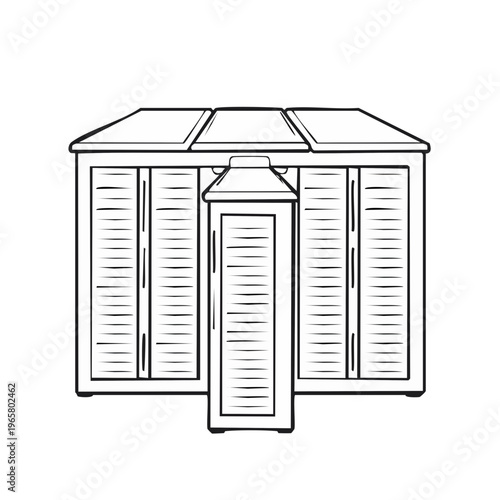 Architectural drawing of a garden shed with a lantern and slatted doors