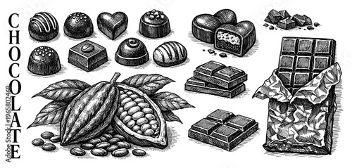 Chocolate set with cocoa pod bar and candy vintage sketch