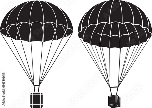 Parachute icon, skydiving equipment silhouette, black and white parachute graphic element, White Background, Parachute Jump, Air Sports, Design Element, Graphic Resource