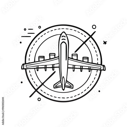 Hand drawn airplane icon in a circular frame with abstract design elements for travel and aviation concepts