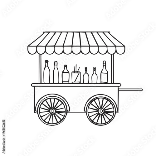 Illustration of a beverage cart with bottles and a striped awning
