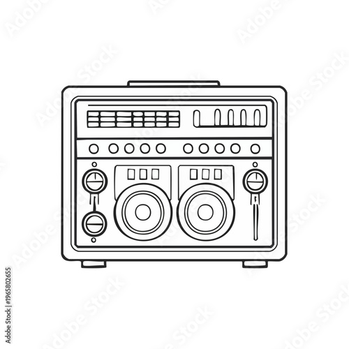 Vintage boombox with dual speakers, buttons, and tuner dial, line art illustration
