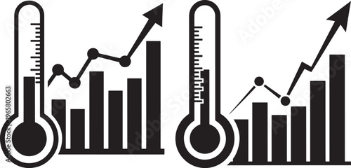 Temperature and growth chart set, thermometers with rising bar graphs and trend lines, business performance or climate change concepts, simple black and white vector icons