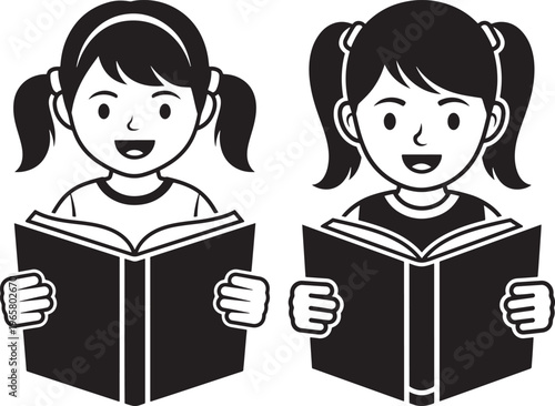 Young girls reading books set, two cute female students holding open textbooks, school children studying, education concept, simple black and white vector line art style illustration