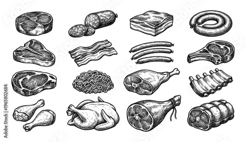 Meat product set beef steak chicken sausage bacon and ham sketch