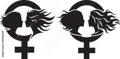Black silhouette of two women's profiles facing each other inside a female gender symbol, representing lesbian love, LGBTQ identity, female empowerment and same-sex equality on a white background