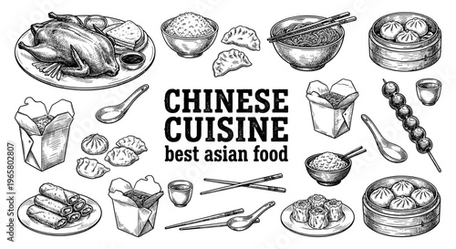 Chinese cuisine dumpling noodle peking duck spring roll dim sum sketch