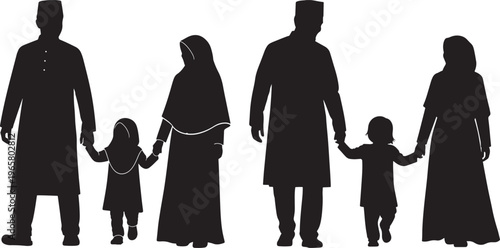 Silhouette of a Muslim family walking together, parents holding hands with children, isolated on white background, concept of family unity and love