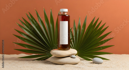 A bottle of amber liquid on stacked stones with palm leaves on sand