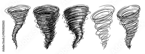 Tornado and storm hurricane sketch set with wind vortex