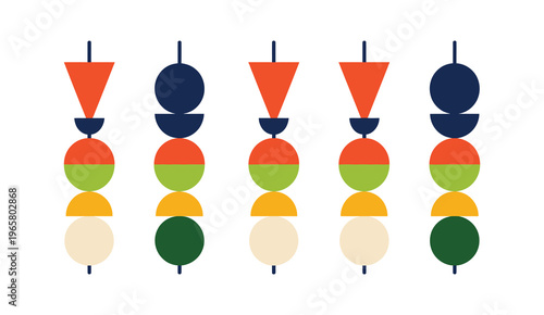 fruit skewer icon set, colorful flat style strawberries blueberries kiwi and banana, healthy eating and fresh food concept, sweet dessert elements collection, simple modern vector illustration.