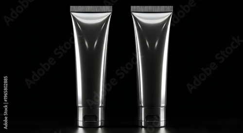 Two shiny silver cosmetic tubes on a black background for skincare or beauty product advertising