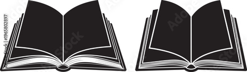 Open book illustrations in black and white, education and literature vector icon set