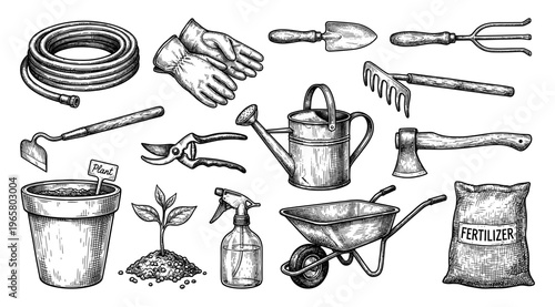 Garden tool set with watering can wheelbarrow shovel and hose sketch