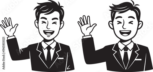 Businessman waving hello and smiling portrait icon set, professional man in suit greeting, office worker character design for business communication, simple black and white vector illustration