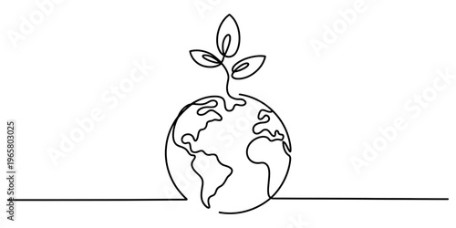 A single continuous line drawing of a globe with a small plant growing out from the top center Vector, illustration