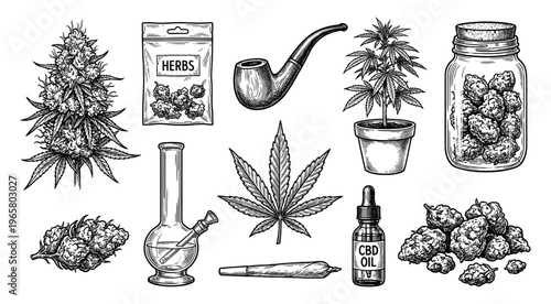 Cannabis set in vintage sketch style with leaves, buds, pipe and bong