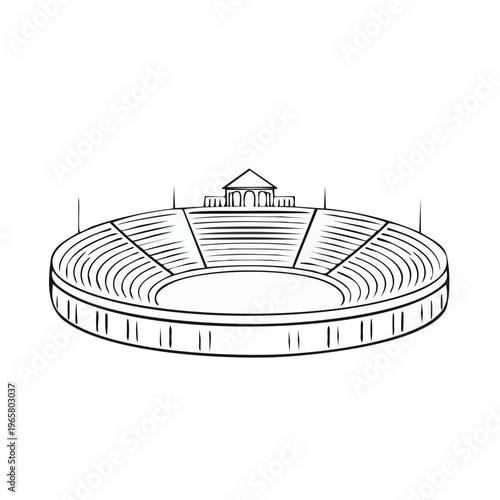 Outline drawing of an ancient Greek amphitheater or coliseum with tiered seating and central arena