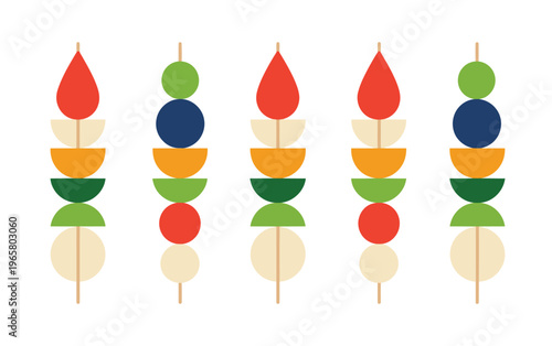 colorful flat vector fruit skewers, strawberries blueberries kiwi and banana pieces, healthy snack illustration, fresh organic food concept, vibrant summer dessert icons, clean modern vector design.