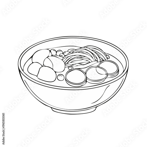 Line art drawing of a delicious bowl of noodles and dumplings in a simple ceramic dish